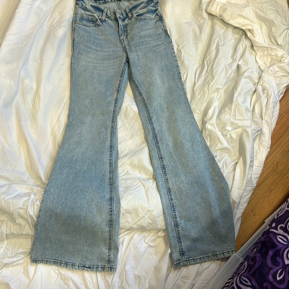 High waisted light washed flared jeans